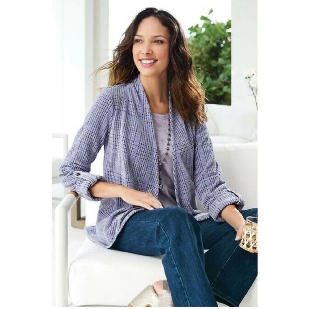Soft Surroundings Warwick Topper Sweater Blazer Smokey Lavender Plaid size large